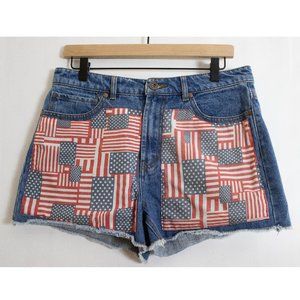 Forever 21 Med Blue Denim Cut Off Shorts with American Flag Fabric Patches, 30
